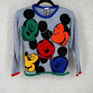 VTG Mickeys Stuff Kids Knit Sweater Size M 10/12 Colorful Mickey Face Disney